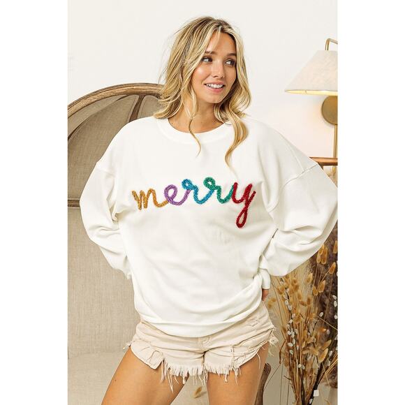 BiBi White Holiday Merry Tinsel Lettering Drop Shoulder Sweatshirt NEW Medium - Picture 1 of 7